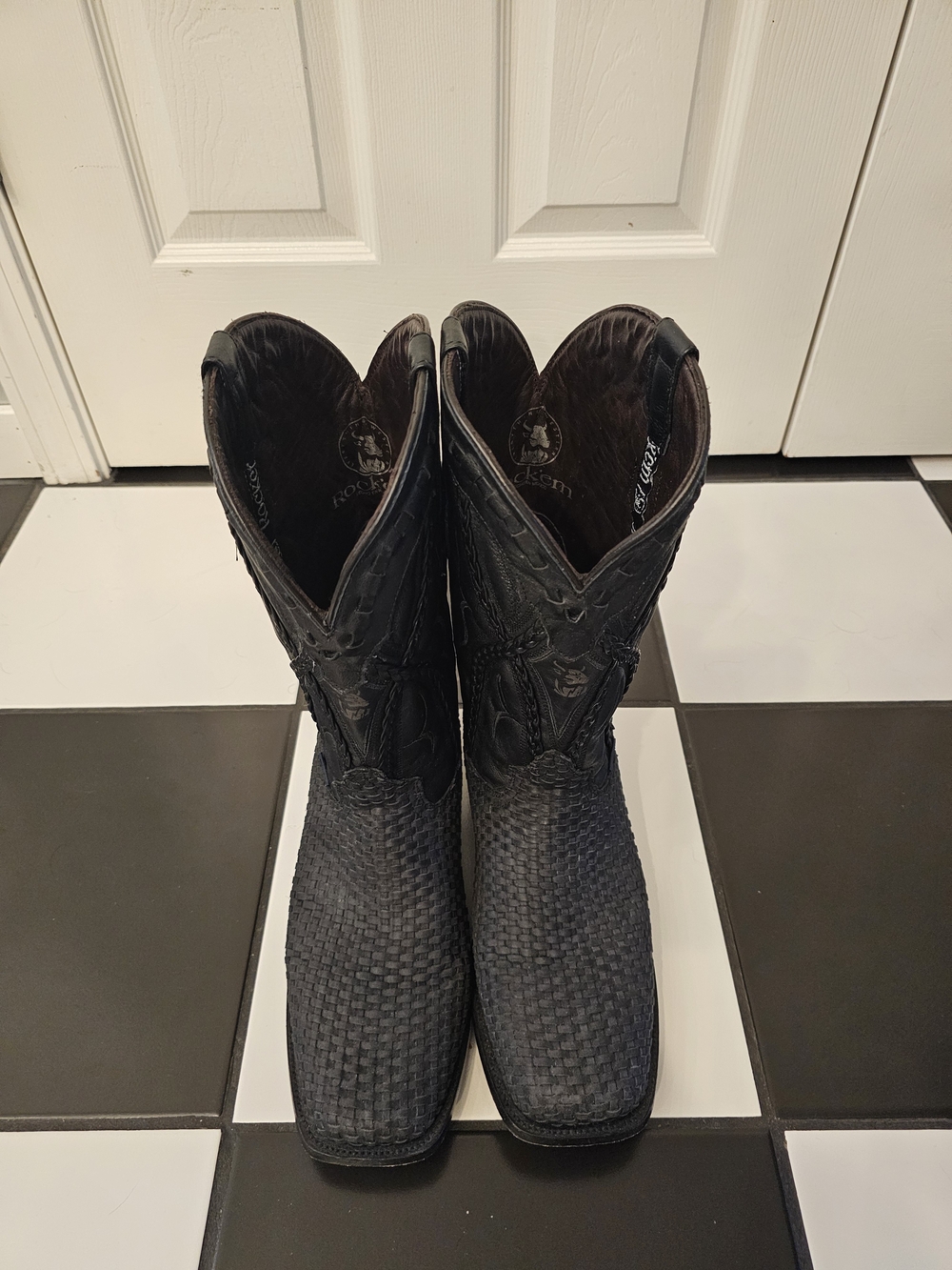 Rock Em Black Woven Leather Western Boots Mens 12 EE